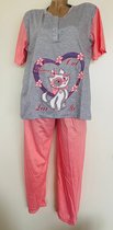 Dames pyjamaset korte mouw lange broek met kattenprint L grijs/roze