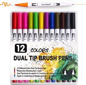 Twinmarkers - Dual Brush Pen - Kalligrafie Pennen set - Dikke & Dunne Stiften voor Kinderen & Volwassenen - Bullet Journal Accesoires - Fineliners Kleur - Handlettering - Aquamarkers - Dual Markers - 12 stuks