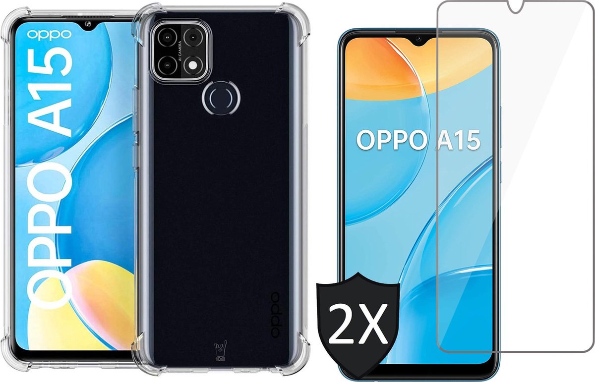 Hoesje geschikt voor Oppo A15 Transparant Shock Proof Case + 2x Screen Protector Glas