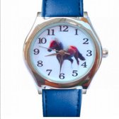 Horloge-paard-midden blauw-leer-Charme bijoux