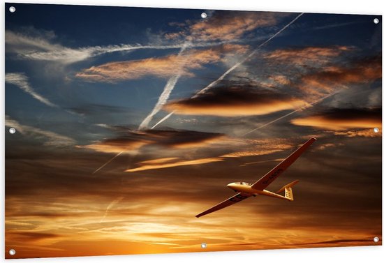 Tuinposter – Vliegtuig in Gouden Lucht - 150x100cm Foto op Tuinposter  (wanddecoratie voor buiten en binnen)