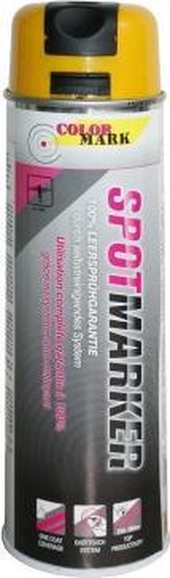 Gele spuitbus van Colormark, model Spotmarker, met teksten "COLOR MARK", "SPOTMARKER" en "100% LEERSPRUHGARANTIE".