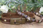 Handgemaakte heren armbanden kralen en leer armband bruin maat L- Sieraden sjoppie