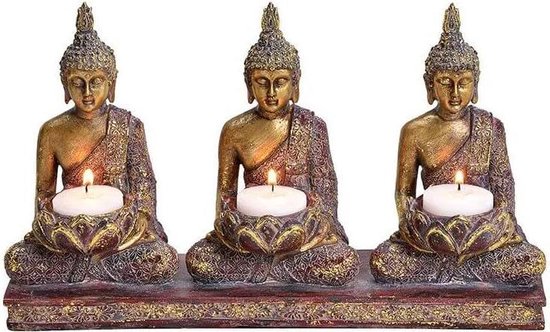 Trois photophores Bouddha doré - pour trois bougies chauffe-plat