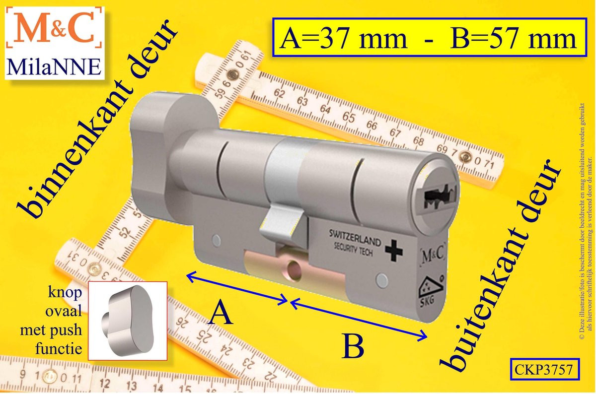 M&C Condor high security cilinderslot met Knop OVAAL met PUSH functie 37x57 mm - SKG*** - Politiekeurmerk Veilig Wonen - inclusief gereedschap montageset en hangslot kaars