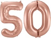Folie ballon cijfer 50 jaar – 80 cm hoog – Rose goud - met gratis rietje – Feestversiering – Verjaardag – Abraham Sarah - Bruiloft