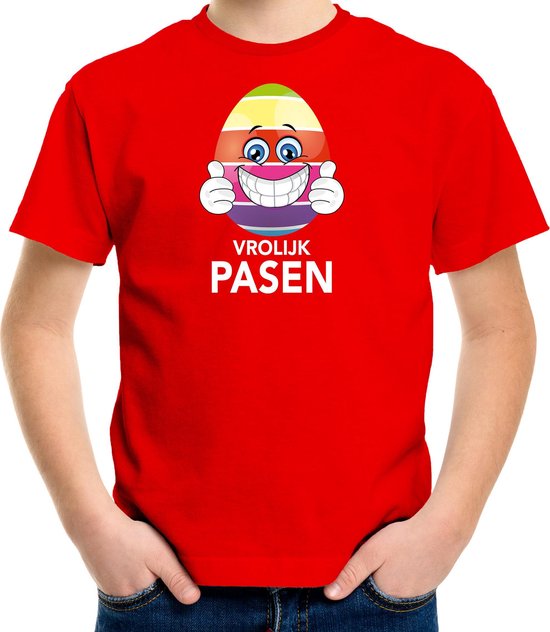 Paasei met duimen omhoog vrolijk Pasen t-shirt / shirt - rood - kinderen - Paas kleding / outfit 146/152