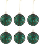 J-Line Doos Van 6 Kerstballen Blaadjes Glitter Glas Mat Groen Small