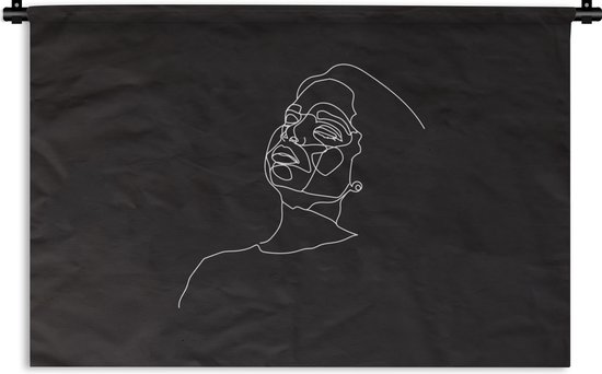 Wandkleed Line-art Vrouwengezicht - 6 - Line-art vrouwengezicht op een zwarte achtergrond Wandkleed katoen 150x100 cm - Wandtapijt met foto