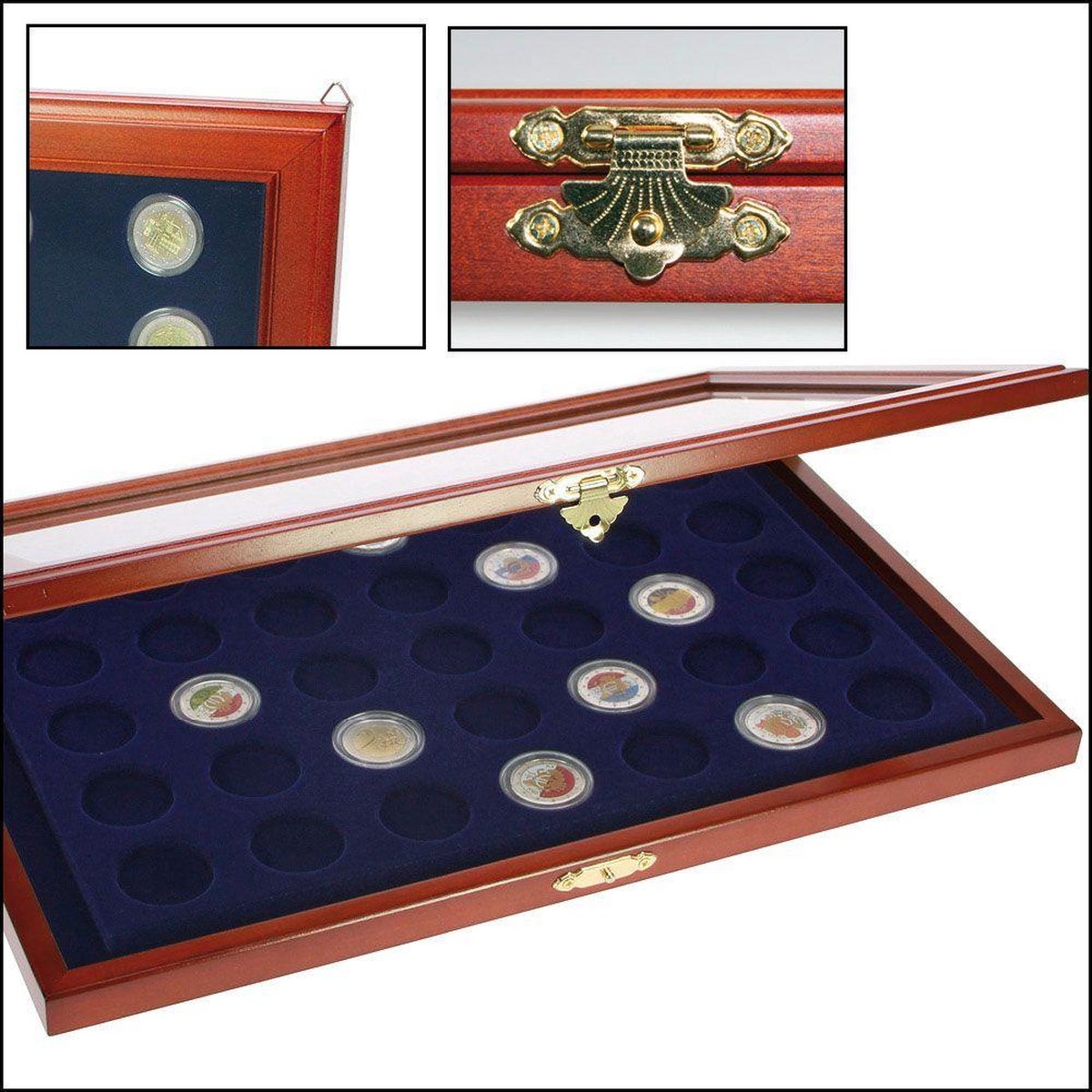 Vitrine Bois Médailles SAFE 5873 - Insert Velours Bleu 375x260x30mm Montage Mural