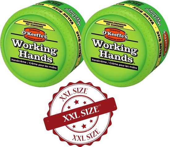 Twee groene potjes O'Keeffe's Working Hands handcrème met rode XXL SIZE stempel.
