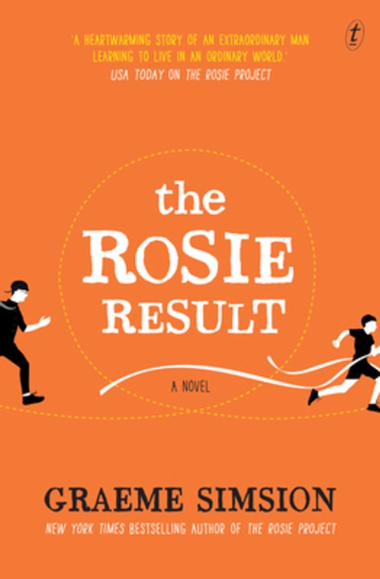 De omslag van "The Rosie Result", een roman van Graeme Simsion, met een oranje achtergrond en twee rennende silhouetten.
