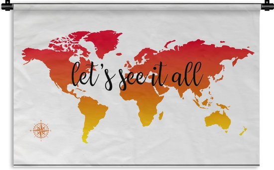 Wandkleed Trendy wereldkaarten - Wereldkaart met zonsondergang kleuren en de zwarte tekst Wandkleed katoen 90x60 cm - Wandtapijt met foto