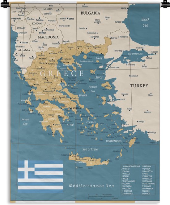 Tapisserie Carte Grèce - Blauw avec carte or de la Grèce Tapisserie coton 90x120 cm - Tapisserie avec photo