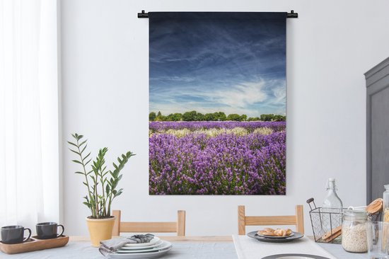 Tapisserie Lavande - Lavande violette et blanche en fleur dans un champ Tapisserie en coton 90x120 cm - Tapisserie avec photo