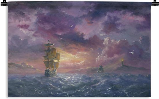 Wandkleed Zeilschepen Illustratie - Illustratie van een zeilschip onder een paarse lucht Wandkleed katoen 90x60 cm - Wandtapijt met foto