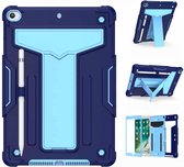 Voor iPad 10.2 / iPad Pro 10.5 T-vormige beugel Contrastkleur Schokbestendige pc + siliconen platte beschermhoes (marineblauw + blauw)