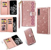 Voor Samsung Galaxy A50 / A30s / A50s Multikaartsleuven Sterrenhemel Lasergravure Glitter Rits Horizontale Flip Leren Case met Houder & Portemonnee & Lanyard (Rose Goud)