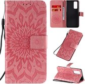 Voor Huawei Honor 30 Pro reliÃ«f zonnebloempatroon horizontale flip PU lederen tas met houder & kaartsleuven & portemonnee & lanyard (roze)