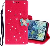 Voor Samsung Galaxy A31 Diamond Encrusted Butterflies Embossing Pattern Horizontaal Flip Leather Case met houder & kaartsleuven & portemonnee & lanyard (rood)