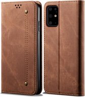 Voor Galaxy S20 denim textuur casual stijl horizontale flip lederen tas met houder en kaartsleuven en portemonnee (bruin)