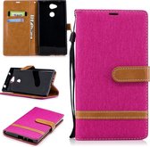 Kleuraanpassing Denim Texture lederen tas voor Sony Xperia L2, met houder & kaartsleuven & portemonnee & lanyard (roze rood)