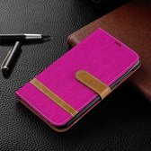 Kleurafstemming Denim Texture Leather Case voor Galaxy M10, met houder & kaartsleuven & portemonnee & lanyard (rozerood)