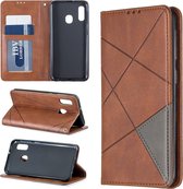 Ruit textuur horizontale flip magnetische lederen tas met houder en kaartsleuven voor Galaxy A10e / A20e (bruin)
