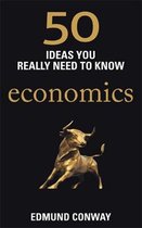 Boek "50 Ideas You Really Need To Know economics" met een bronzen stier op een zwarte achtergrond. Geschreven door Edmund Conway.