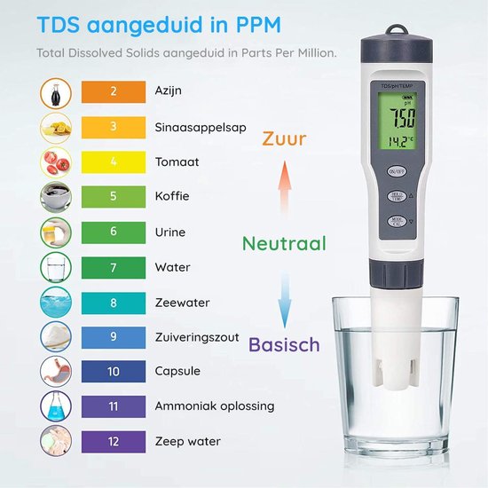 pH meter - Aquarium thermometer - Thermometer water - pH meter water - TDS meter - pH meter digitaal - Jacuzzi accessoires - voor Aquarium, zwembad, vijver en drinkwater - Grijs