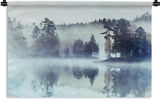 Wandkleed Bos - Mistig landschap fotoprint Wandkleed katoen 150x100 cm - Wandtapijt met foto