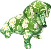Pomme Pidou - Teckel Molly spaarpot | Hond - groen met witte bloemen