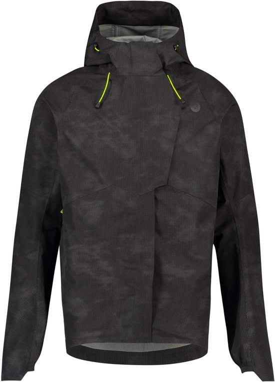 Veste gris foncé à motif de fines rayures, avec capuche et accents jaune néon.