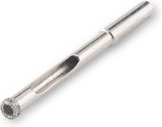 Een enkele diamantboor met een dunne steel en een holle opening. De boorkop is bezaaid met diamanten.