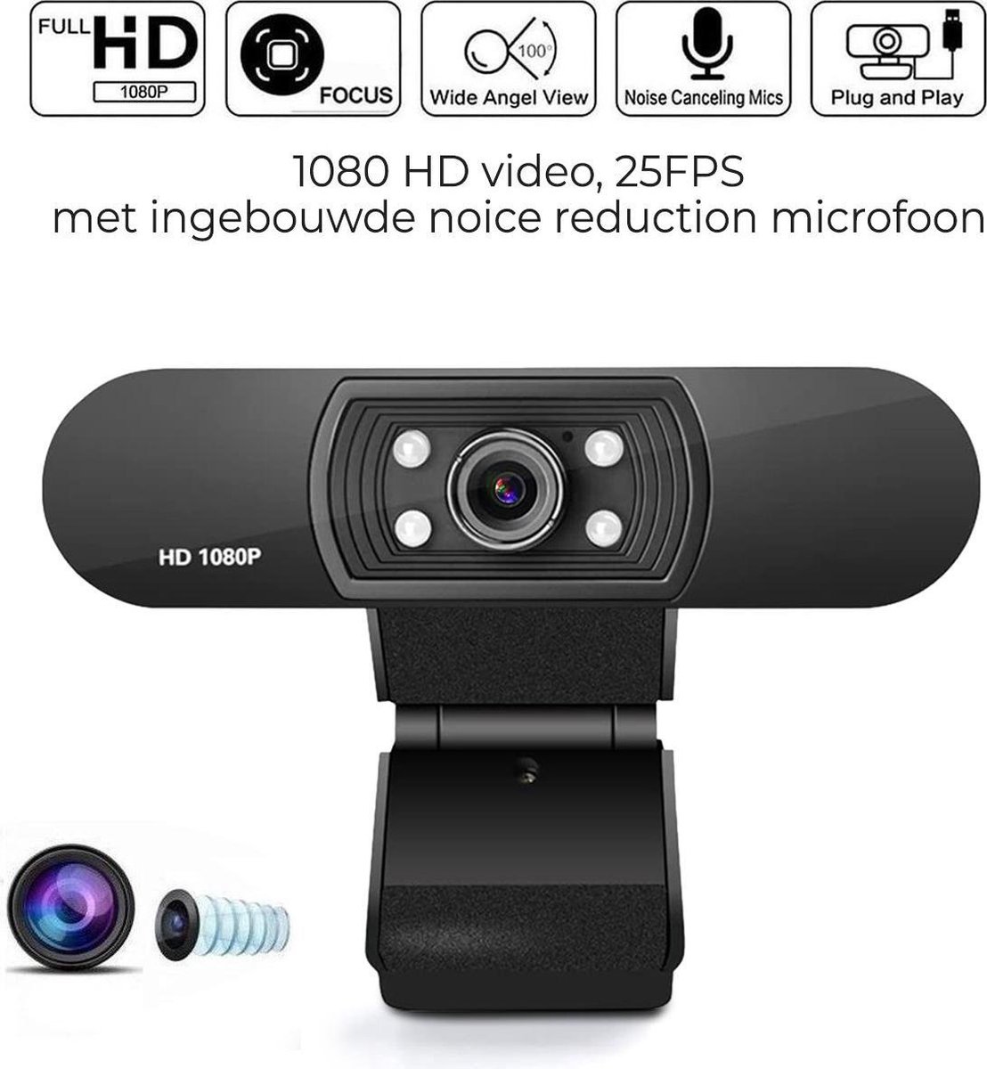 Webcam voor PC met microfoon - Full HD 1920x1080 30FPS - Windows & Mac - Inclusief Verlichting - USB-Plug & Play - Zakelijk