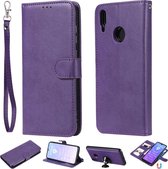 Voor Huawei Enjoy 9 / Y7 (2019) Effen kleur Horizontale Flip Beschermhoes met houder & kaartsleuven & portemonnee & fotolijst & lanyard (paars)