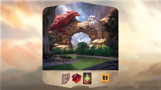 Kaart met rood en wit standbeeld van vogels boven poort, met spel-iconen.