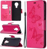 Voor Nokia 5.3 Two Butterflies Embossing Pattern Horizontale Flip Leather Case met houder & kaartsleuf & portemonnee & Lanyard (Rose Red)