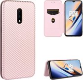 Voor OnePlus 7 Carbon Fiber Texture Magnetische Horizontale Flip TPU + PC + PU Leather Case met Card Slot (Pink)