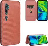 Voor Geschikt voor Xiaomi mi CC9 pro koolstofvezel textuur magnetische horizontale flip tpu + pc + pu lederen tas met kaartsleuf (bruin)