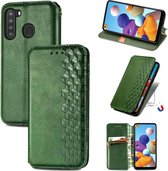 Voor Samsung Galaxy A21 (Amerikaanse versie) Cubic Grid Pressed Horizontale Flip magnetische lederen tas met houder & kaartsleuven & portemonnee (groen)