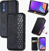 Voor Samsung Galaxy A7 (2018) Cubic Grid Pressed Horizontal Flip Magnetic Leather Case met houder & kaartsleuven & portemonnee (zwart)