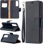 Voor Huawei P smart 2021 / Y7a Litchi Textuur Pure Kleur Horizontale Flip PU Lederen Case met Houder & Kaartsleuven & Portemonnee & Lanyard (Zwart)