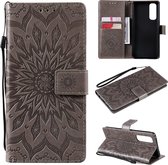 Voor OPPO Reno4 Pro 4G Sun Embossing Pattern Horizontale Flip Leather Case met Card Slot & Holder & Wallet & Lanyard (Grey)