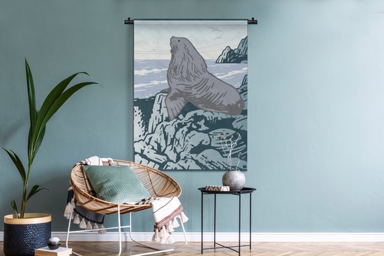 Tapisserie Illustration d'un lion de mer - Une illustration d'un lion de mer sur les rochers Tapisserie en coton 90x120 cm - Tapisserie avec photo