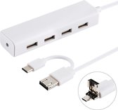 3 in 1 USB-C / Type-C + Micro USB + 4 x USB 2.0-poorten HUB Converter, kabellengte: 12cm (wit)