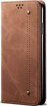Samsung Galaxy A20s Hoesje - Mobigear - Denim Slim Serie - Katoen Bookcase - Bruin - Hoesje Geschikt Voor Samsung Galaxy A20s
