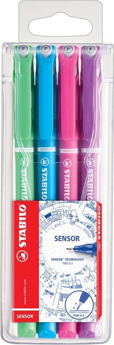 STABILO SENSOR Fineliner 0.3 mm - Etui 4 Kleuren - lichtgroen, turkoois, roze, paars.