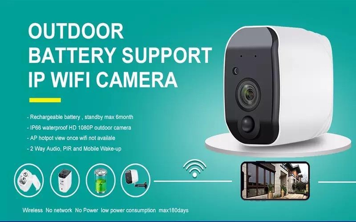DrPhone IC-T1 – Video IP Camera CMOS 1080P Full HD – Batterijen - Binnen / Buiten - Wireless WiFi – App: Ubox – Beveiligingscamera - Wit – foto 4