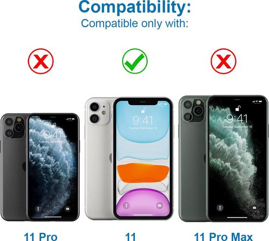 Afbeelding toont de iPhone 11, 11 Pro en 11 Pro Max. Alleen de iPhone 11 is compatibel.